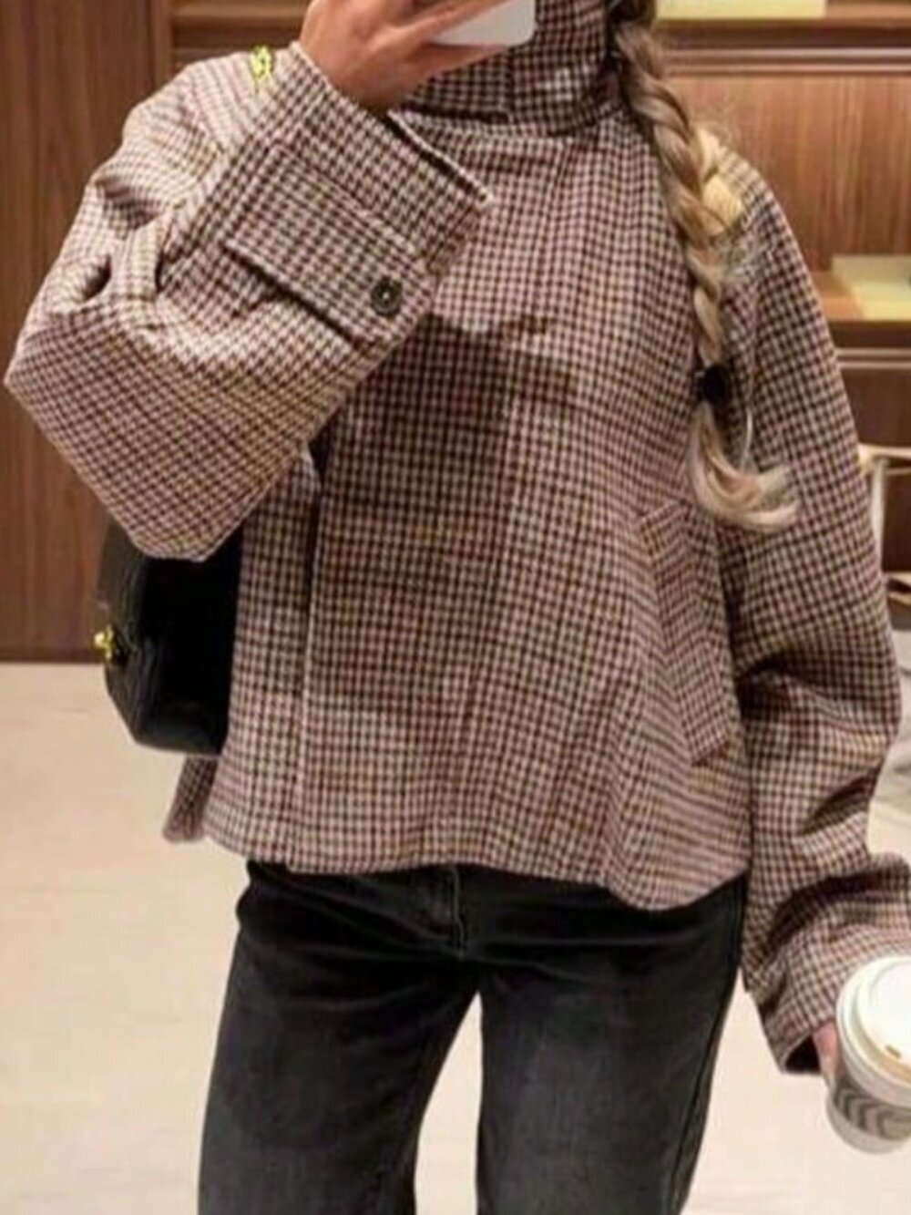 Reddish Casual Women's French Houndstooth Stand Collar Short Pocket Jacket